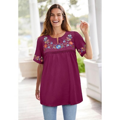 Woman Within Plus Size Embroidered Split-Neck Tunic