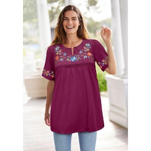 Woman Within Plus Size Embroidered Split-Neck Tunic - 1 of 4
