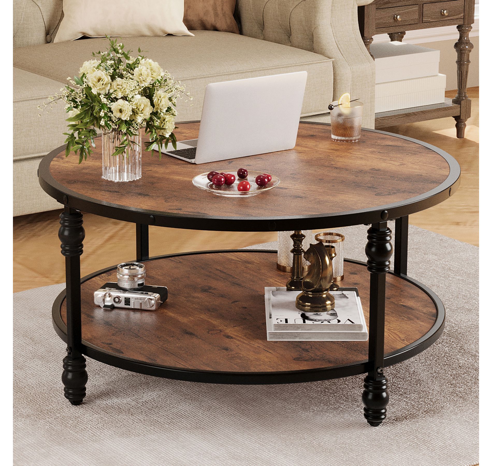 Round Coffee Table Coffee Table for Living Room 2-Tier Rustic Wood Desktop with Storage Shelf Modern Design Home Furniture