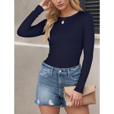 Women's Long Sleeve Rib Knit Shirt Slim Fit Basic Top Soft Casual Tee Fall Outfit 2025 Layering T-Shirt