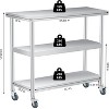 Stainless Steel Work Table with Lockable Casters,  3-Tier Commercial Kitchen Prep Table, Metal Utility Table - 3 of 4