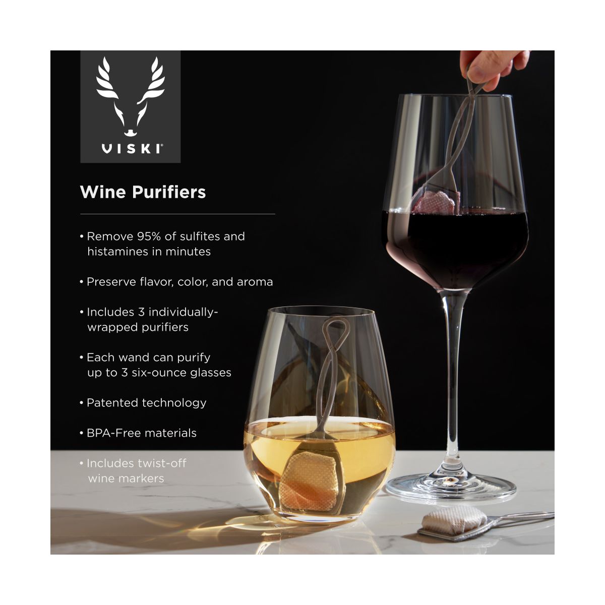 Viski Alchemi Wine Purifiers, Removes Sulfites & Histamines, Preserves Flavor, Color & Aroma, BPA-Free Compact & Portable, Home Bar, Set of 3, Silver - thumbnail 2