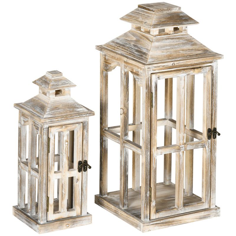 HOMCOM 2 Pack 28"/20" Large Rustic Wooden Lantern Decorative, Indoor/Outdoor Lantern for Home Décor (No Glass), Natural, 4 of 7