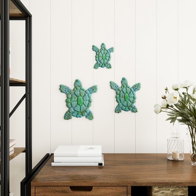Sea Turtle 3D Metal Wall Art Set in Green and Blue