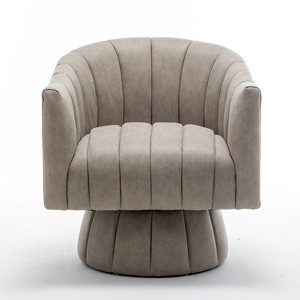 SEYNAR Mid-Century Swivel PU Leather Tufted Round Accent Barrel Chair - 1 of 4