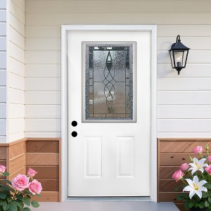 36 X 80 Inches Fiberglass Entry Door,Vinyl Frame,Decorative Glass Door,Primed Knock-Down,with Brickmould,Right Hand Inswing Door - 1 of 4