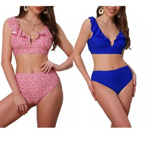 INSPIRE CHIC Women's Ruffle Trim V Neck Wide Strap Drawstring Tie Back Top Triangle Bottom Bikini Sets 2 Sets - 1 of 4