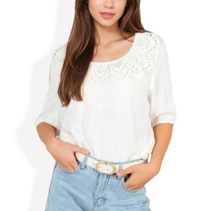 Anna-Kaci Women's Embroidered Eyelet Detail Top with 3/4 Sleeves for Effortless Casual Styling - 1 of 4