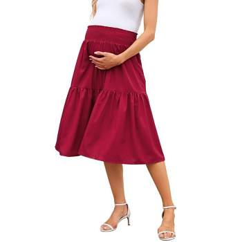 Women's High Elastic Empire Waist Maternity Skirt Summer Casual Floral Pleated Swing A Line Flowy Midi Skirts with Pockets