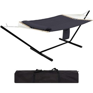 Hammock with Stand, Heavy Duty Portable Steel Frame Hammocks with Quilted Fabric, Outdoor Patio/Camping Hammock with Pillow and Carrying Bag - 1 of 4