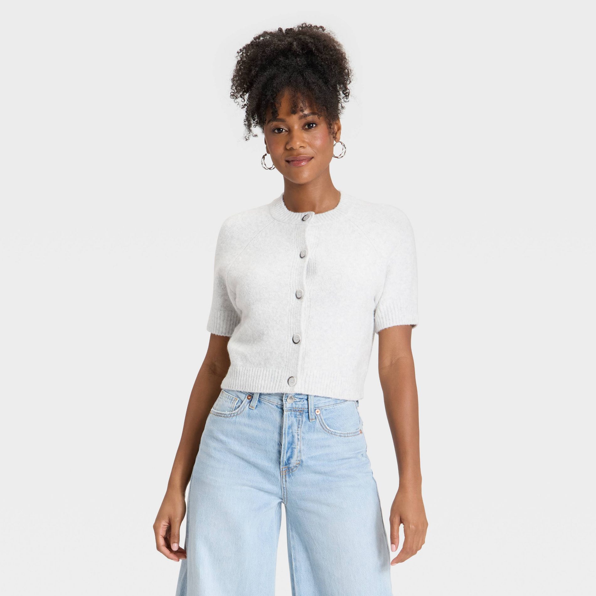 Women's Short Sleeve Cozy Knit Button-Down Cardigan - Universal Thread™ Gray S