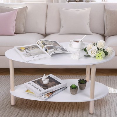 Small Coffee Table 2 Tier Oval Wooden Modern Coffee Table Warm White