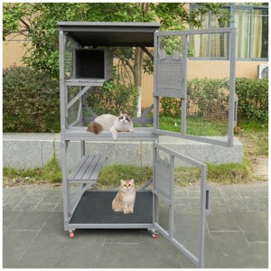 LAOTIES 71" Large Wooden Catio Outdoor Cat Enclosure on Wheels,2 Tier Cat House with Resting Box And Waterproof Roof - 1 of 4