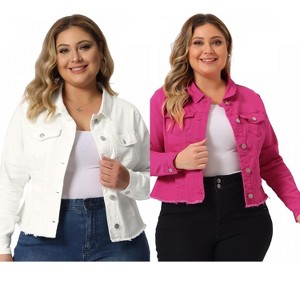 Women's Plus Size 2 Pieces Classic Denim Front Frayed Casual Long Sleeve Fashion Jean Jackets - Agnes Orinda - 1 of 4