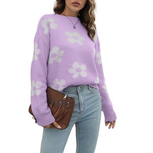Women's Long Sleeve Pullover Sweater Kint Shirt Round Neck Fall Casual Loose Fit Daisy Floral Jacquard Knit Sweater Shirt Top Purple L - 1 of 4