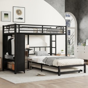 TIRAMISUBEST Twin/Full/Queen over Twin Bunk Bed with Built-in Wardrobe, Metal Bunk BedFRAME with Trundle, Foldable Desk, Ladders, Noise-reduced design - 1 of 4