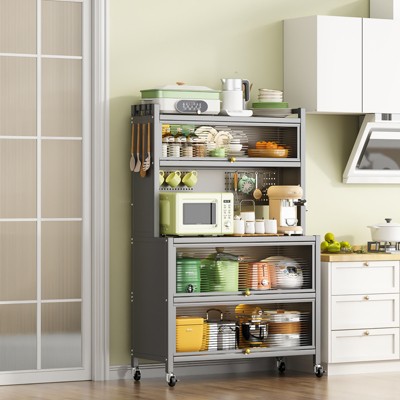 5 Tier 63" Metal Kitchen Storage Cabinets with 10 Hooks,Microwave Stand,Kitchen Storage Rack for Home, Pantry White