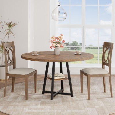 47Inch Round Dining Table, Round Dinner Table for 4, Industrial Kitchen Table w/ Wooden Top & Metal Base for Dining Room, Living Room(Only Table)