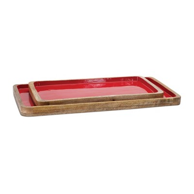 Melrose Red and Natural Wood Rectangular Tray Set