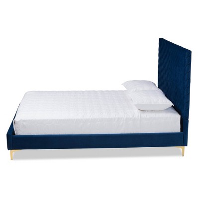 Elegant Chevron Tufted King Platform Bed in Lavish Blue Velvet