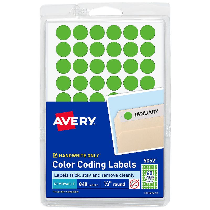 Avery Handwrite Only Removable Round Color-Coding Labels 1/2" dia Neon Green 840/PK 05052, 1 of 6