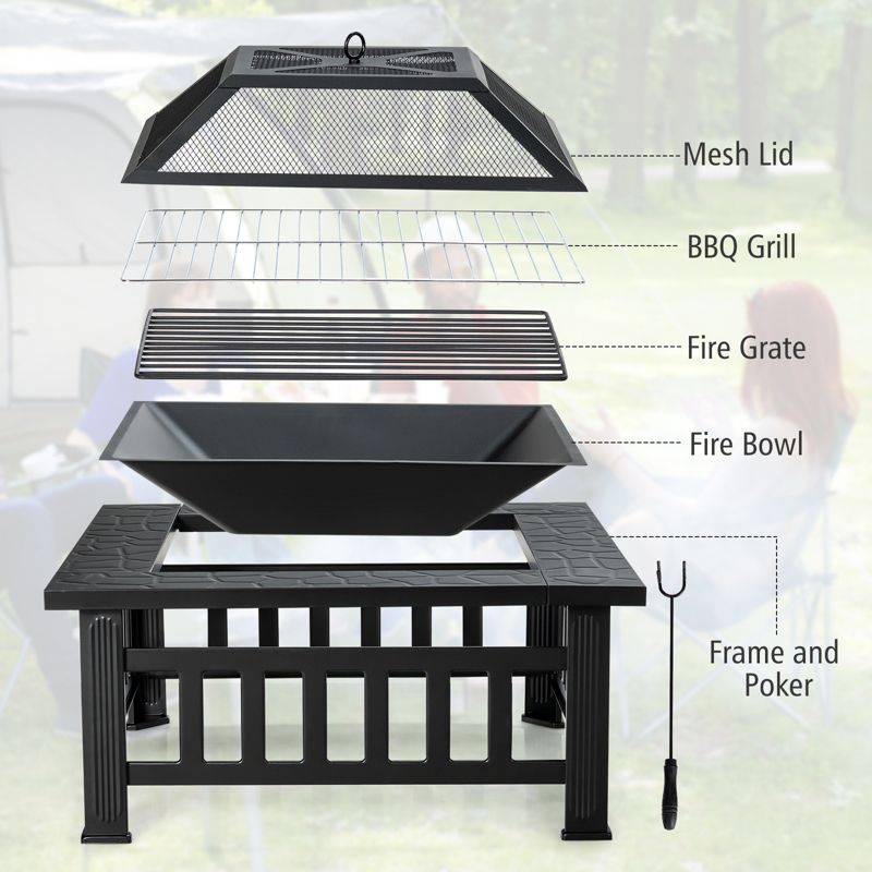 Tangkula 3 in 1 Patio Fire Pit Table Outdoor Square Fire bowel w/ BBQ Grill & Rain Cover, 3 of 6