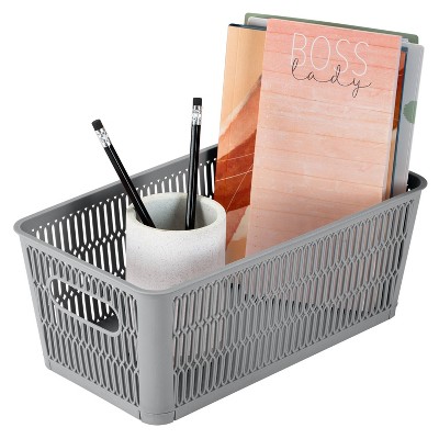 Small Gray Stackable Plastic Storage Tote Baskets, Set of 2