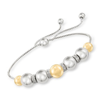 Ross-Simons 6-8mm Sterling Silver and 14kt Yellow Gold Bead Bolo Bracelet With .24 ct. t.w. Diamonds Size