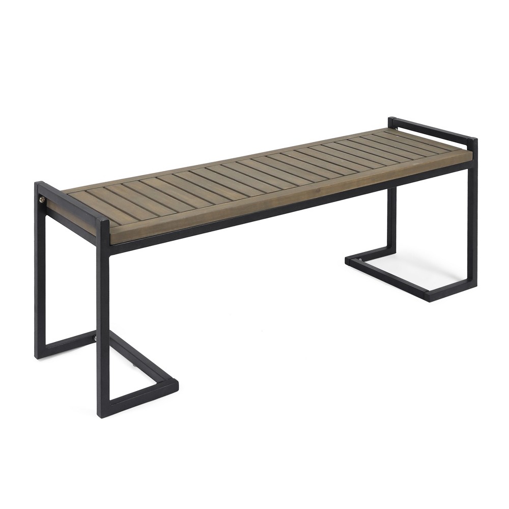 Photos - Garden Furniture Hopkins Acacia & Iron Bench - Gray/Black - Christopher Knight Home