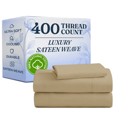 100% Cotton 400 Thread Count 4 Piece Sheet Set - Soft & Cozy Sateen Bed Sheets - CGK Linens