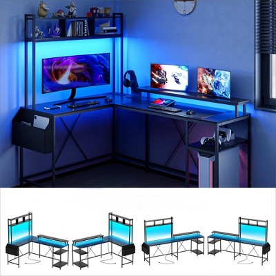 L Shaped Gaming Desk, Reversible Corner Desk with Hutch, Power Outlets, LED Strip, Monitor Stand