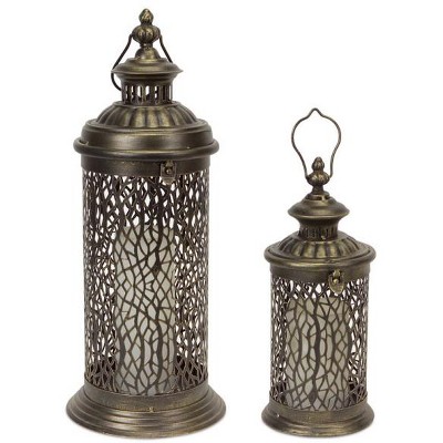 Melrose Set of 2 Brushed Antique Brass Pillar Candle Holder Lanterns with Filigree Detail 22"