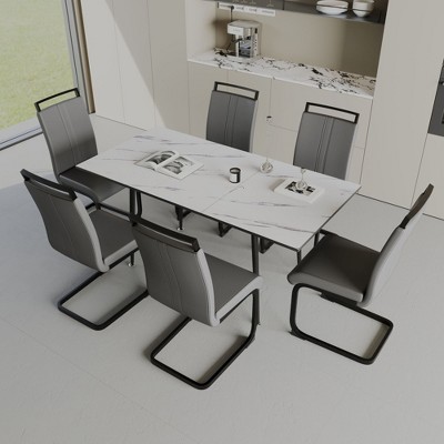 NicBex Dining Table for 6 Modern Kitchen Table Chairs Set with MDF Marble Pattern Tabletop and 6 PU Chairs for Kitchen