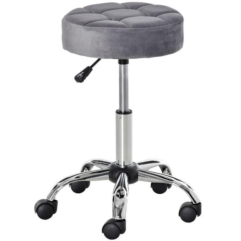 HOMCOM Round Vanity Stool with Height Adjustable Lift, Luxury Style Upholstery and Swivel Seat and Wheels, 4 of 10