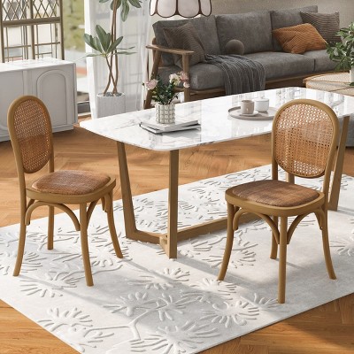Vintage Rattan Dining Chairs Set of 2,Solid Wood Side Chairs with Cane Back and Seat,No Assembly for Kitchen or Dining Room–Maison Boucle