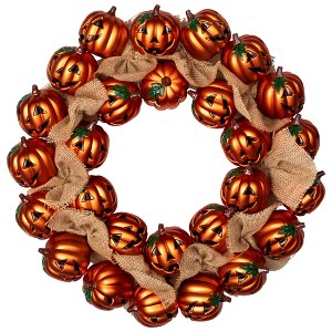Northlight Jack-O-Lantern and Burlap Ribbon Halloween Wreath - 20" - Unlit - 1 of 4