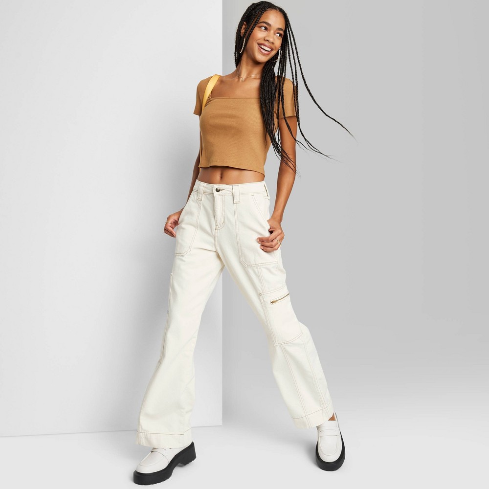 Size 2 Women's High-Rise Cargo Baggy Jeans - Wild Fable™ Off-White 