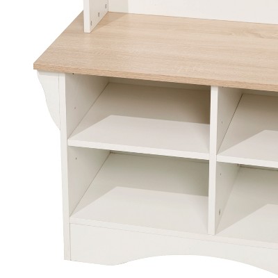 Weathered Natural Seat White Hall Tree with Storage and Hooks