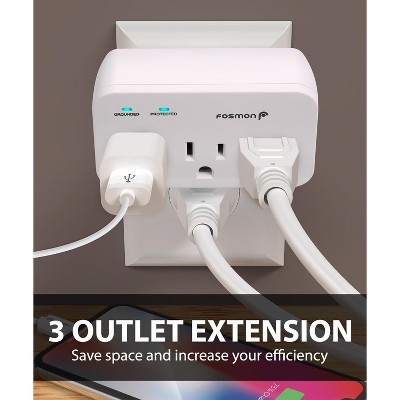 Compact White 3-Outlet Surge Protector Wall Tap