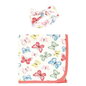 Touched by Nature Baby Girl Organic Cotton Swaddle Blanket and Headband or Cap, Butterflies, One Size - 1 of 4