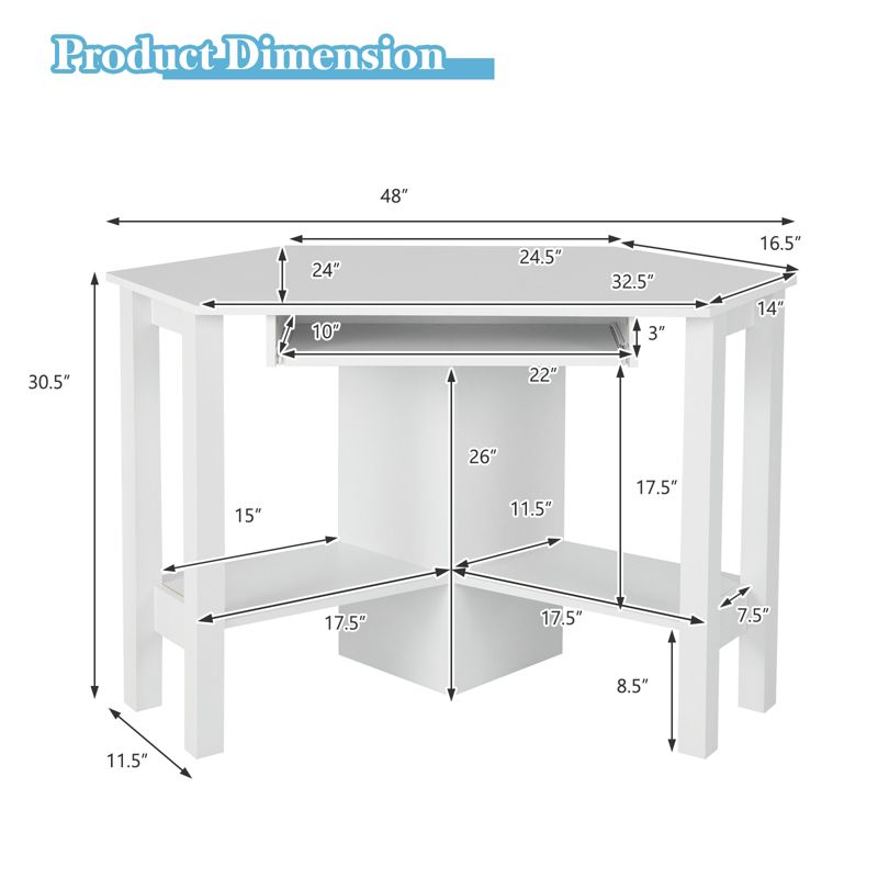 Costway Wooden Corner Desk With Drawer Computer PC Table Study Office Room White, 2 of 11