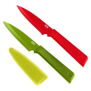 Kuhn Rikon COLORI+ Non-Stick Straight and Serrated Paring Knives with Safety Sheaths, Set of 2, Red and Green - 1 of 4