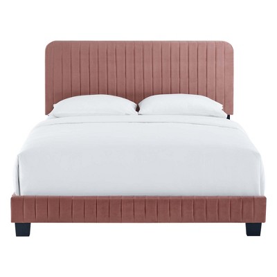 Dusty Rose Velvet Upholstered King Bed with Tufted Headboard