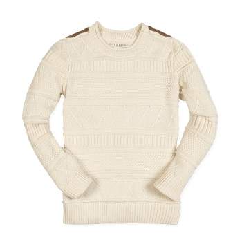 Hope & Henry Boys' Organic Crew Neck Cable Sweater with Suede Detail, Kids