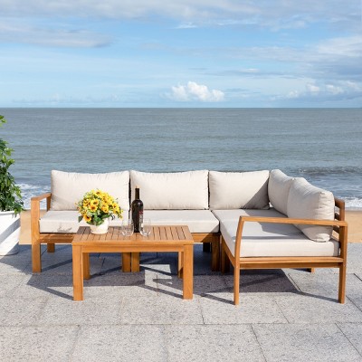 Endelia Natural Wood 4-Piece Patio Set with Light Gray Cushions