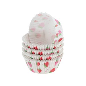Unique Bargains Strawberry Print Disposable Baking Cups Greaseproof Paper Red White 1.97"x1.18" 100 Pcs - 1 of 4