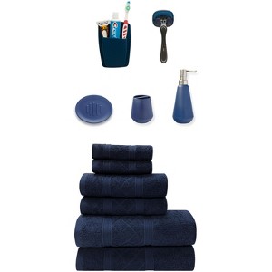 Sttelli 11-Piece Bathroom Essentials Bundle - Soap Dispenser, Soap Dish, Wall Hook, Toothbrush Cup, Wall Organizer, 6-Piece 100% Cotton Towel Set - 1 of 4
