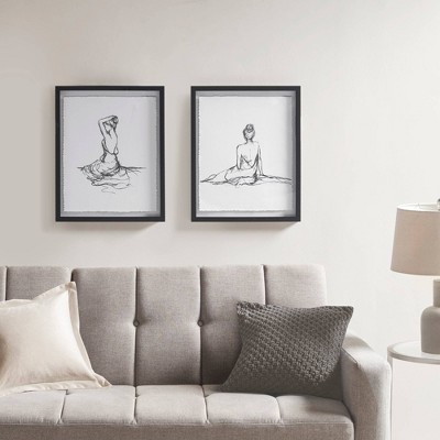 Feminine Figures Black and White Framed Sketch Art Set