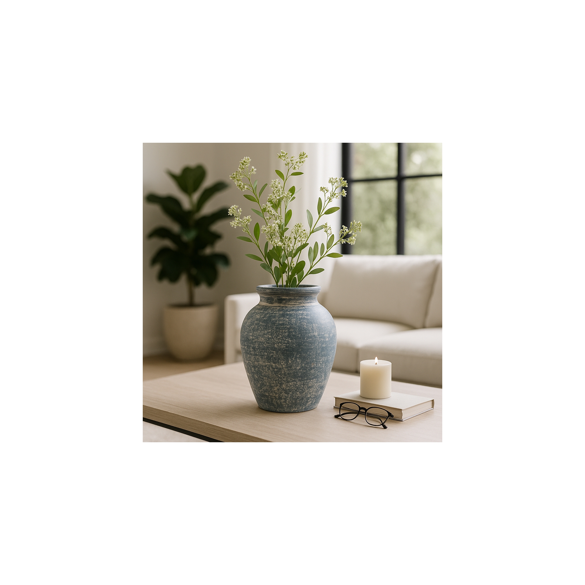 Charming Terracotta Vase with Handles - Elegant Home Decor Piece for Living Room, Bedroom, Office and Room Display - 11", Blue & White