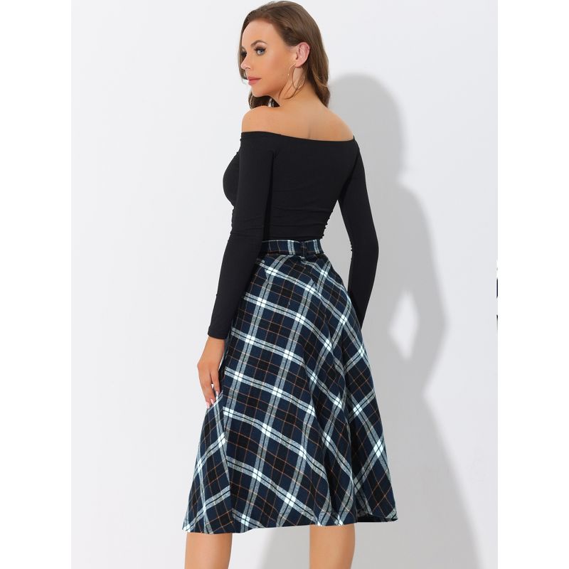 Allegra K Women's Tartan Plaid High Waist Belted Vintage A-Line Midi Skirt, 5 of 8
